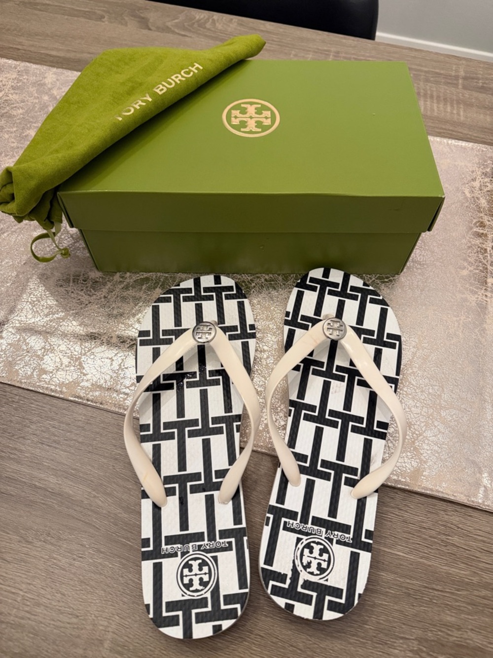 Tory Burch Black and White Logo Pattern Flip Flop Sandals